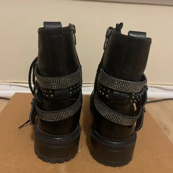 Steve Madden Black Combat Boots with zipper/lace-up with rhinestones. - Picture 5 of 15